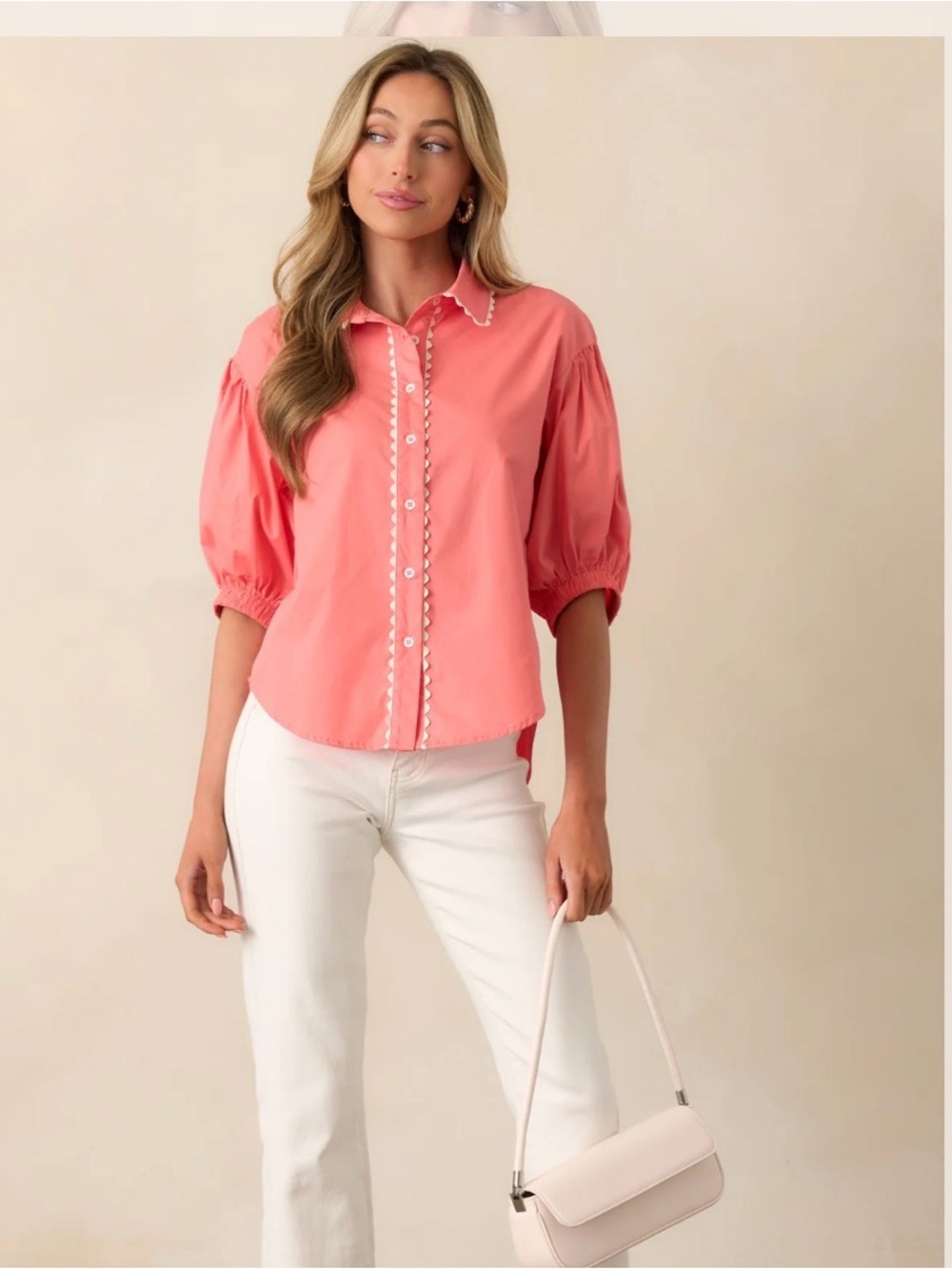 LOVELO Women’s Cotton Coral Pink Puff-Sleeve Peplum Button Shirt M NEW Rick Rack